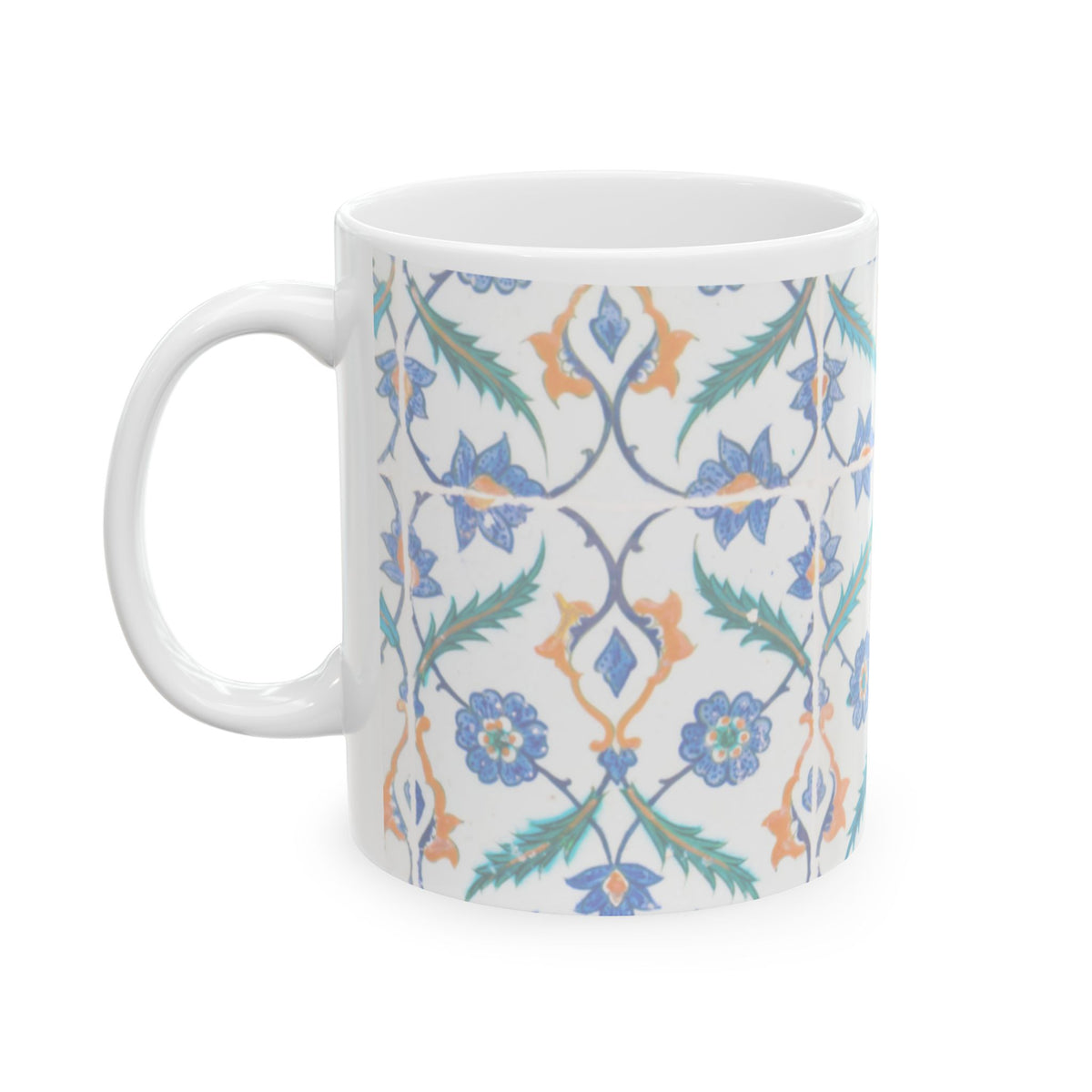 Floral Tile Pattern Ceramic Mug — Blue & Coral Botanical Design (11oz/15oz)