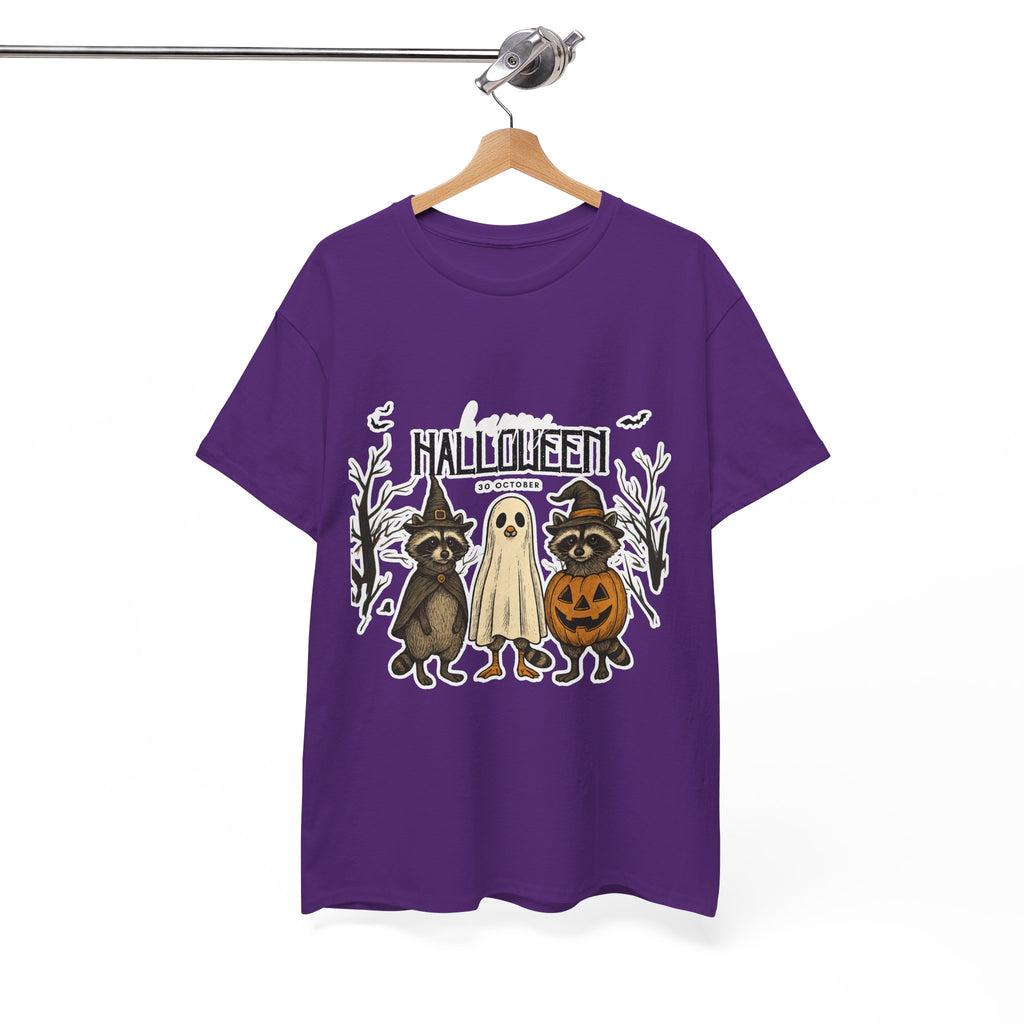 Halloween Raccoon Ghost Pumpkin T‑Shirt — Cute Spooky Costume Trio Tee