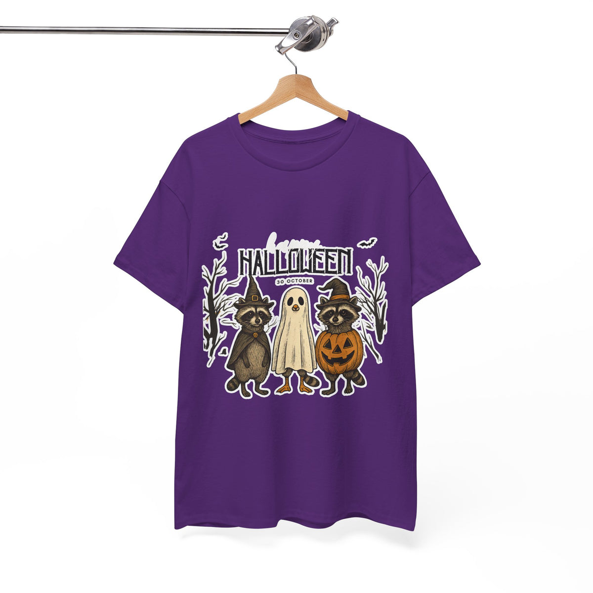 Halloween Raccoon Ghost Pumpkin T‑Shirt — Cute Spooky Costume Trio Tee