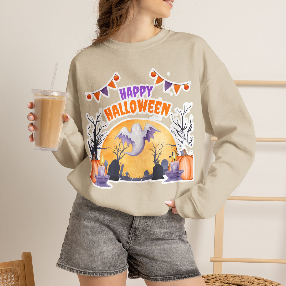 Happy Halloween Crewneck Sweatshirt — Cute Ghost Pumpkin Halloween Sweater