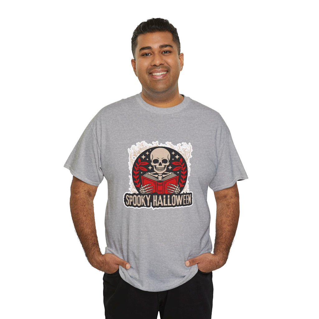 Spooky Halloween Skull Tee — Vintage Skeleton Reading Book Halloween T-Shirt