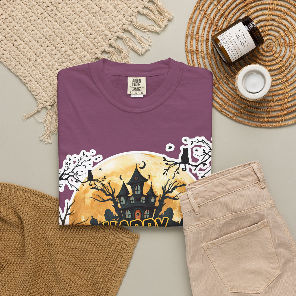 Halloween Haunted House T-Shirt — "Happy Halloween" Pumpkin Graphic Tee