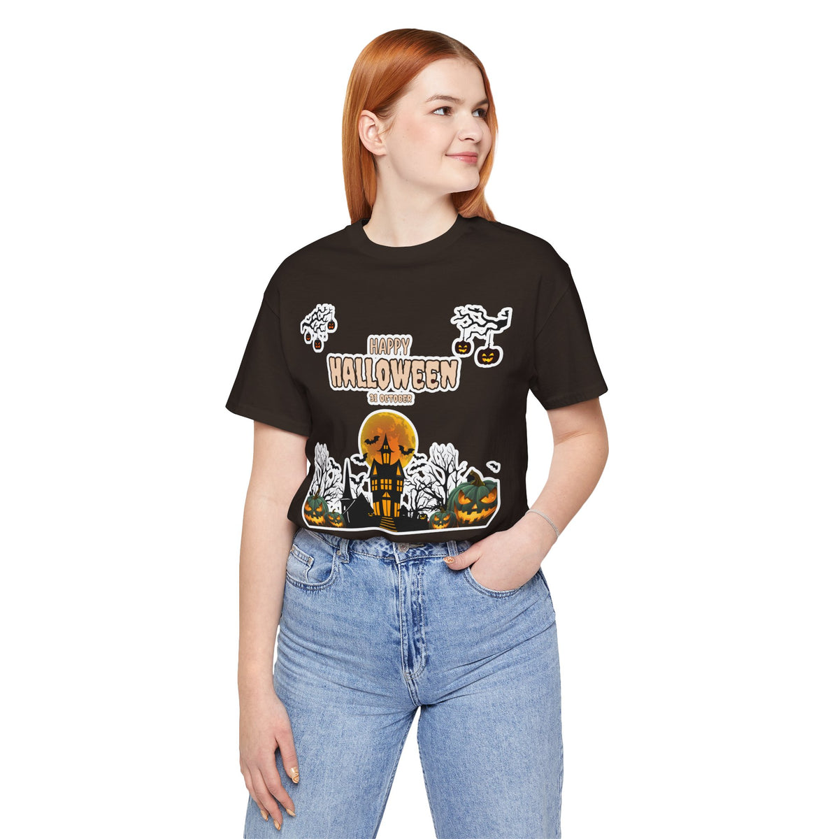 Halloween Haunted House T-Shirt — "Happy Halloween" Pumpkin Spooky Tee