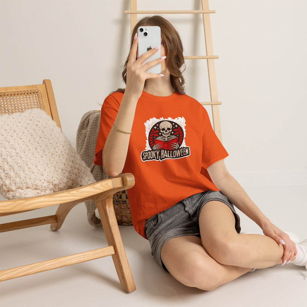 Spooky Halloween Skull Tee — Vintage Skeleton Reading Book Halloween T-Shirt
