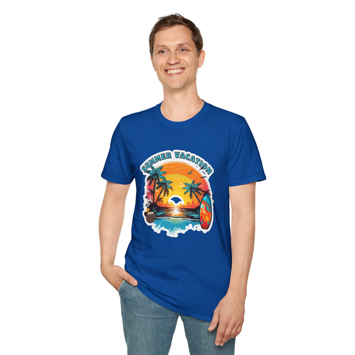 Summer Vacation T-Shirt – Tropical Sunset Surf Graphic