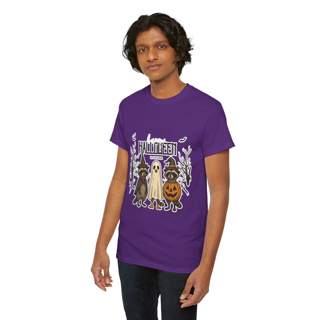 Halloween Raccoon Ghost Pumpkin T‑Shirt — Cute Spooky Costume Trio Tee