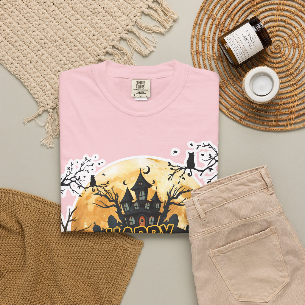 Halloween Haunted House T-Shirt — "Happy Halloween" Pumpkin Graphic Tee