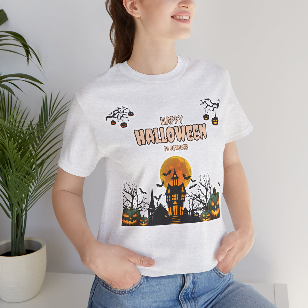Halloween Haunted House T-Shirt — "Happy Halloween" Pumpkin Spooky Tee