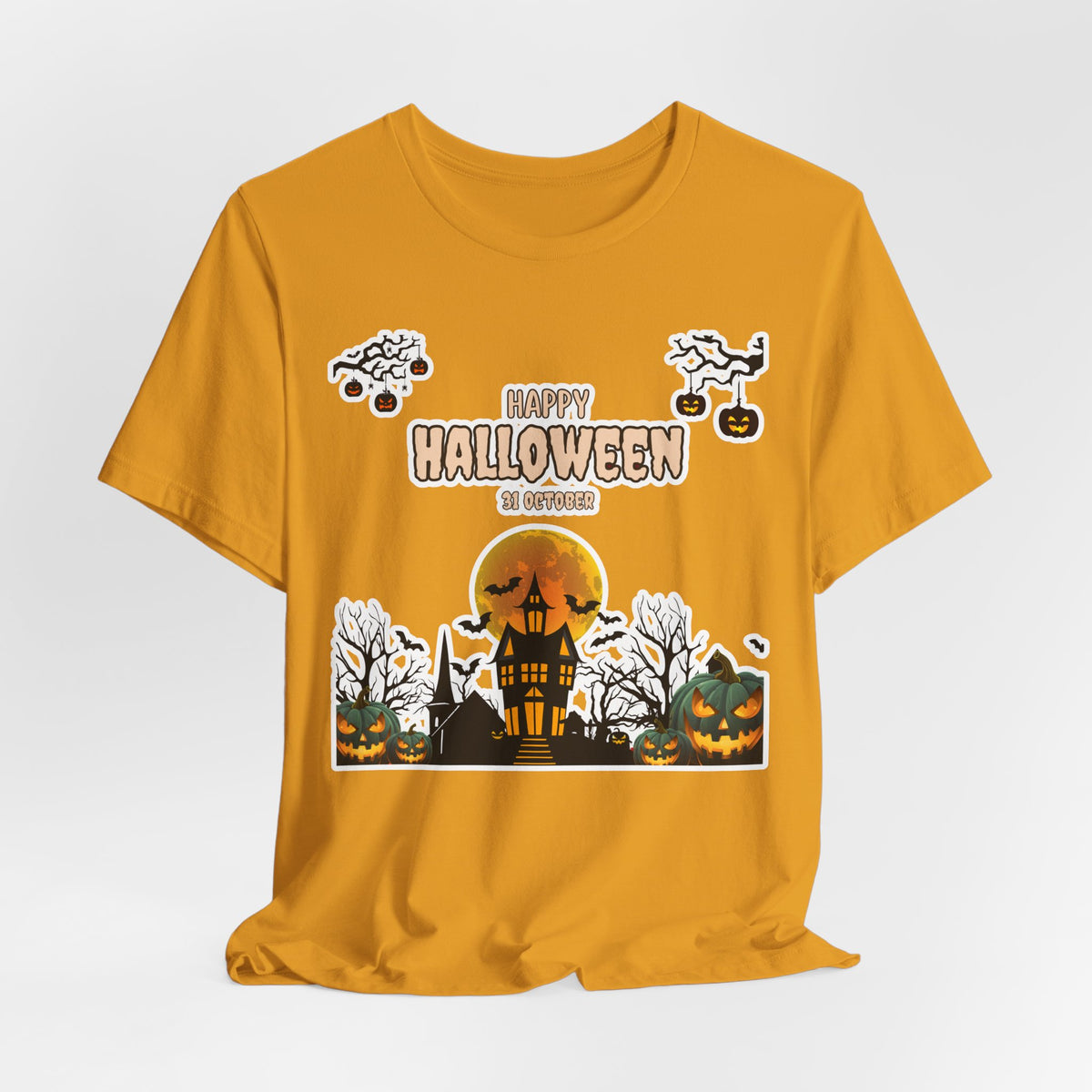 Halloween Haunted House T-Shirt — "Happy Halloween" Pumpkin Spooky Tee