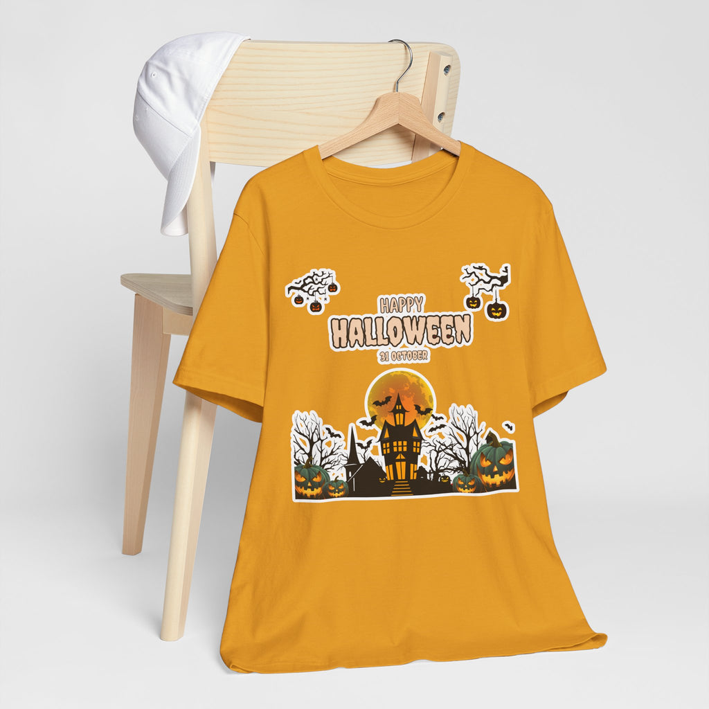 Halloween Haunted House T-Shirt — "Happy Halloween" Pumpkin Spooky Tee