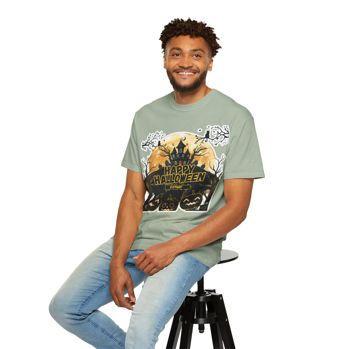 Halloween Haunted House T-Shirt — "Happy Halloween" Pumpkin Graphic Tee