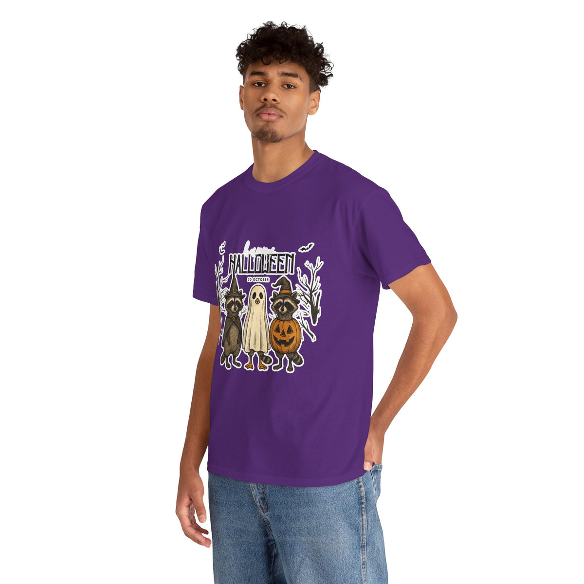 Halloween Raccoon Ghost Pumpkin T‑Shirt — Cute Spooky Costume Trio Tee