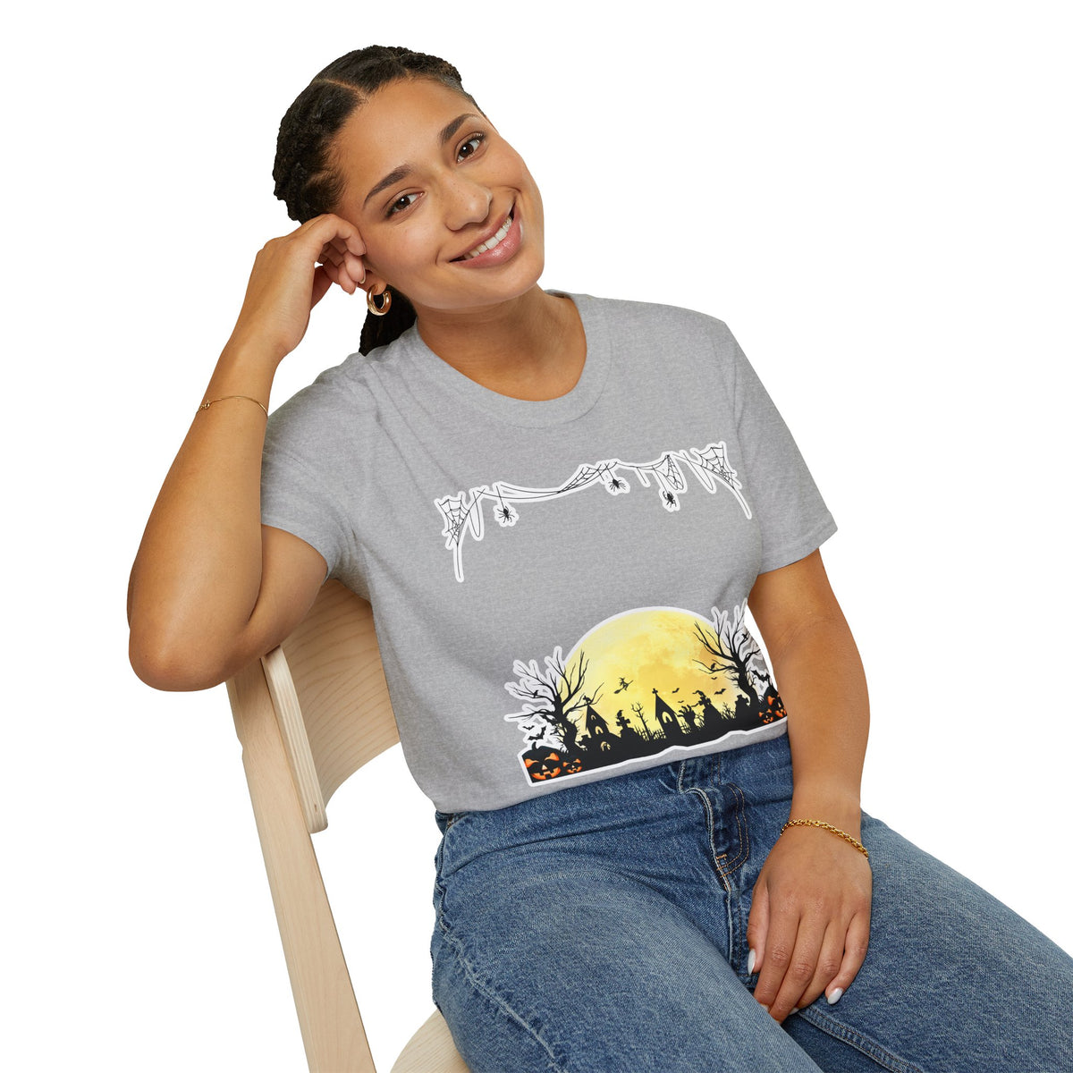 Halloween Moon Silhouette T-Shirt — Spooky Graveyard Pumpkin Scene