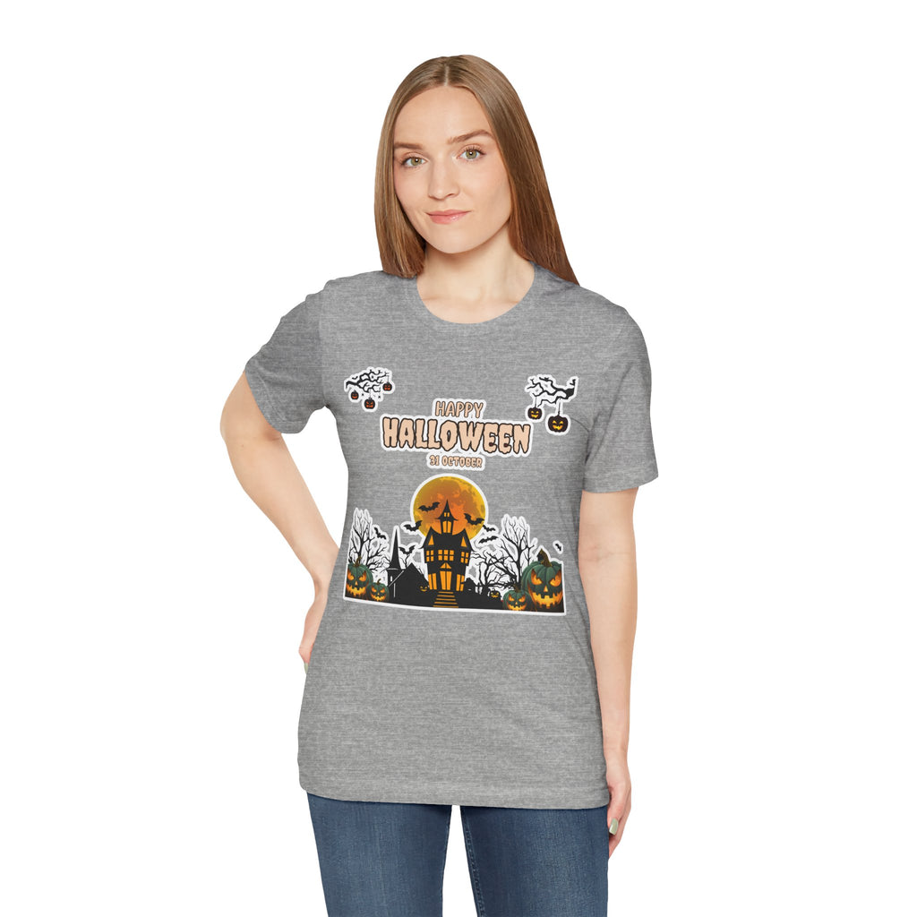 Halloween Haunted House T-Shirt — "Happy Halloween" Pumpkin Spooky Tee