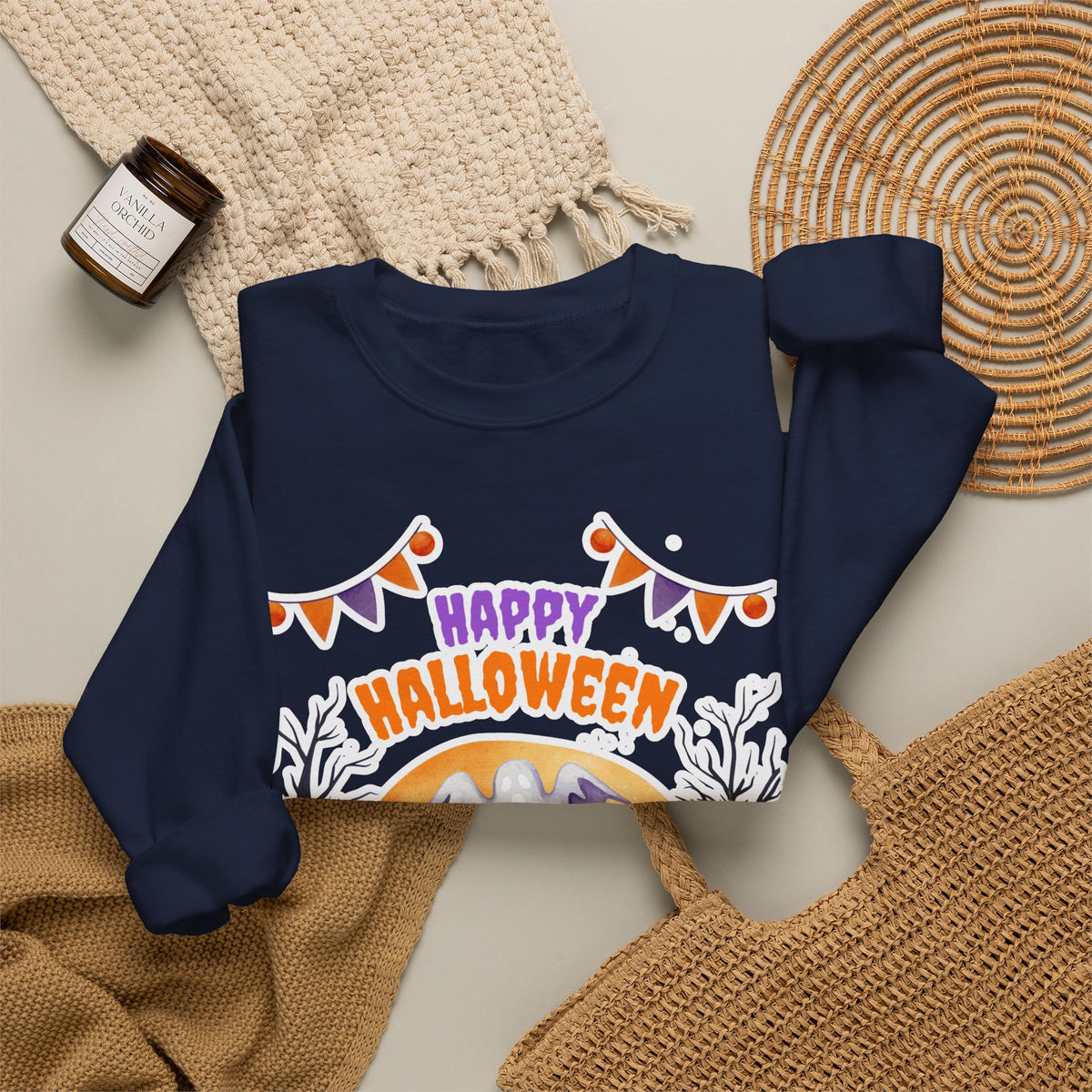 Happy Halloween Crewneck Sweatshirt — Cute Ghost Pumpkin Halloween Sweater
