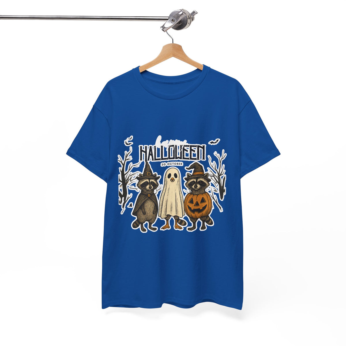 Halloween Raccoon Ghost Pumpkin T‑Shirt — Cute Spooky Costume Trio Tee