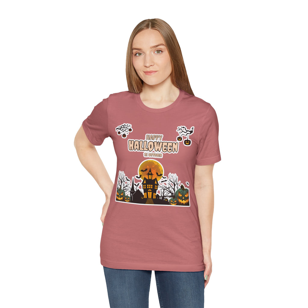 Halloween Haunted House T-Shirt — "Happy Halloween" Pumpkin Spooky Tee