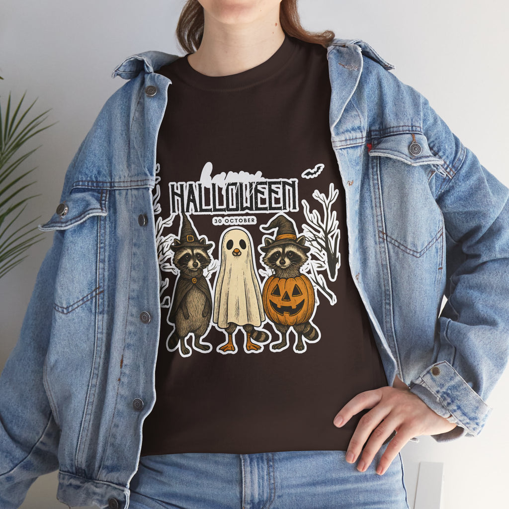 Halloween Raccoon Ghost Pumpkin T‑Shirt — Cute Spooky Costume Trio Tee