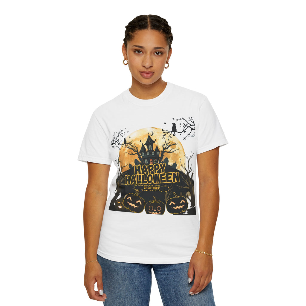 Halloween Haunted House T-Shirt — "Happy Halloween" Pumpkin Graphic Tee