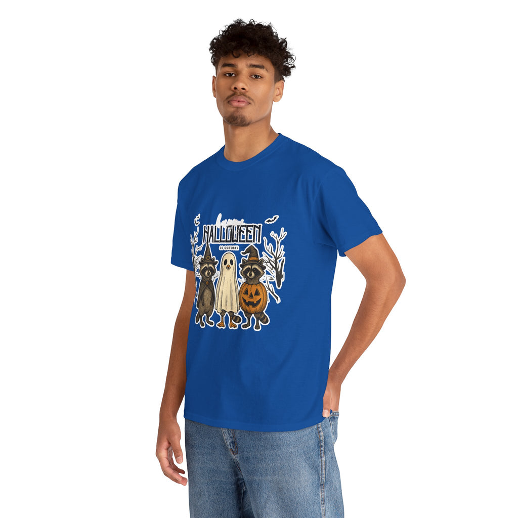 Halloween Raccoon Ghost Pumpkin T‑Shirt — Cute Spooky Costume Trio Tee