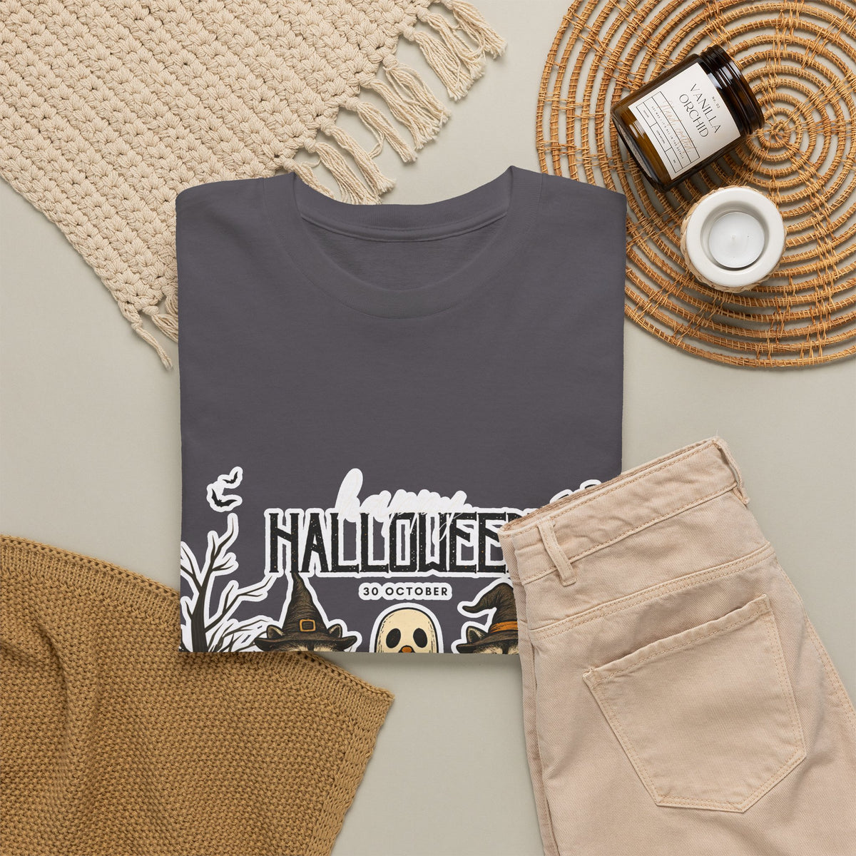 Halloween Raccoon Ghost Pumpkin T‑Shirt — Cute Spooky Costume Trio Tee