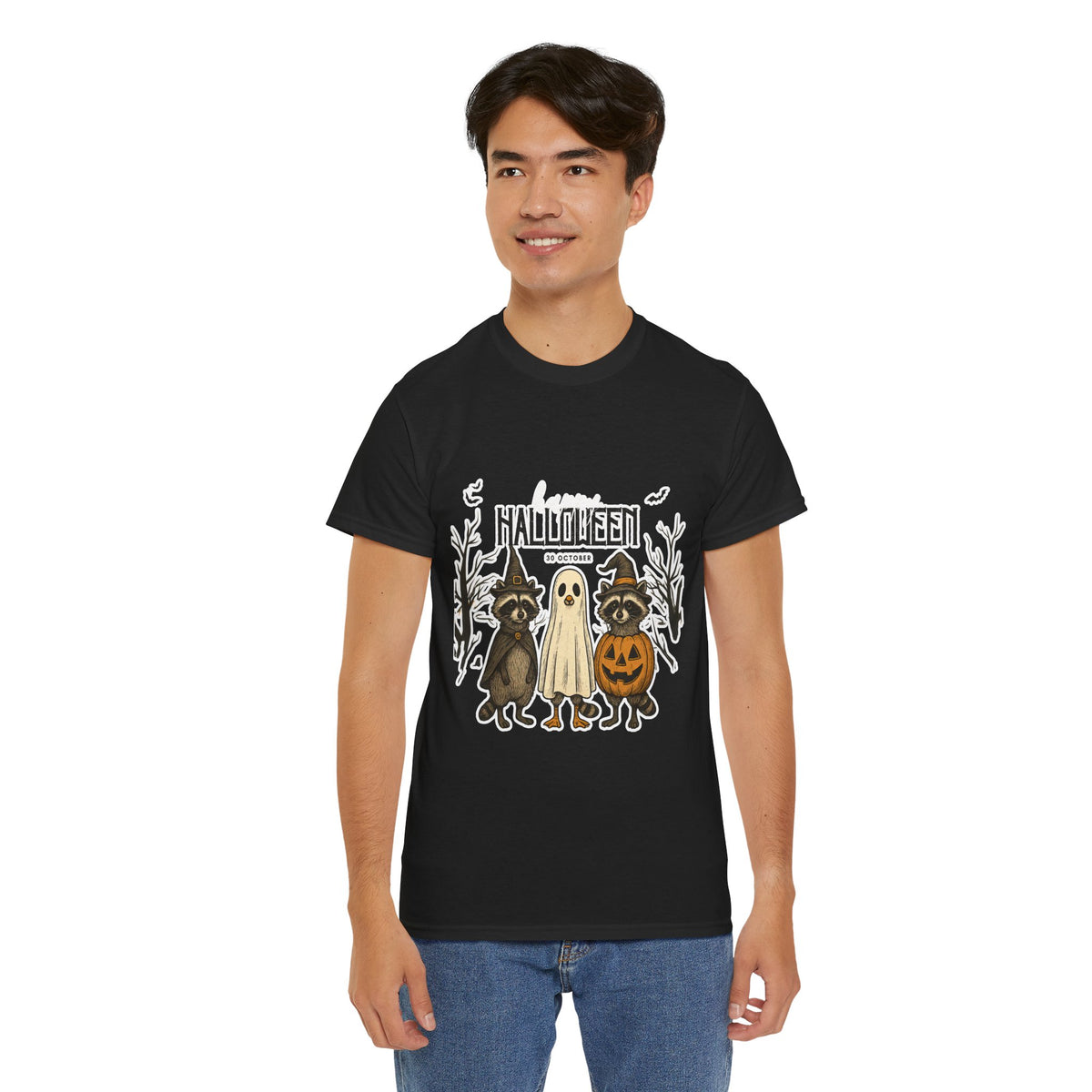 Halloween Raccoon Ghost Pumpkin T‑Shirt — Cute Spooky Costume Trio Tee