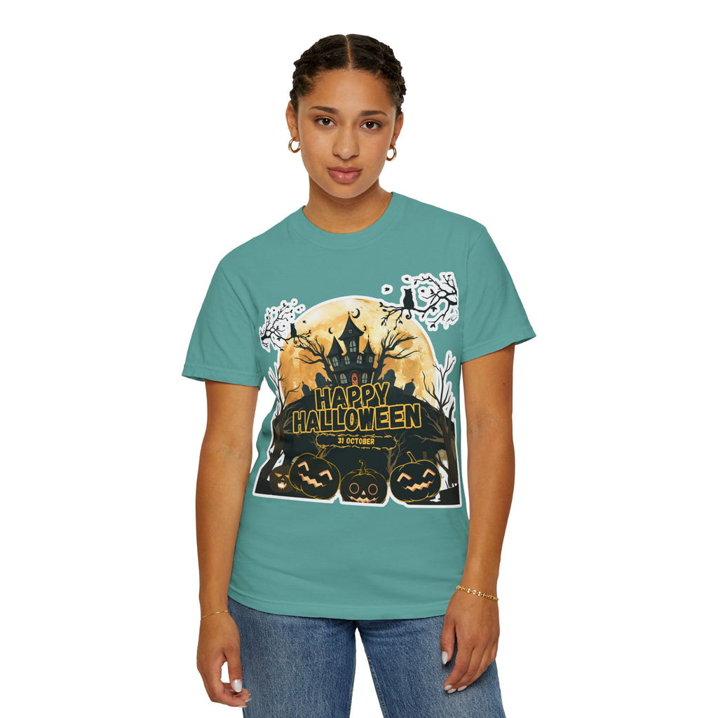Halloween Haunted House T-Shirt — "Happy Halloween" Pumpkin Graphic Tee