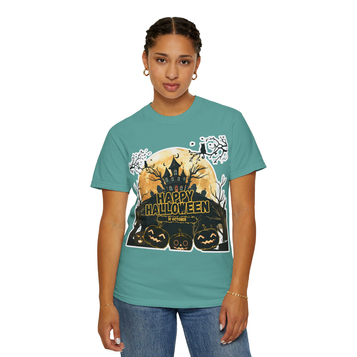 Halloween Haunted House T-Shirt — "Happy Halloween" Pumpkin Graphic Tee