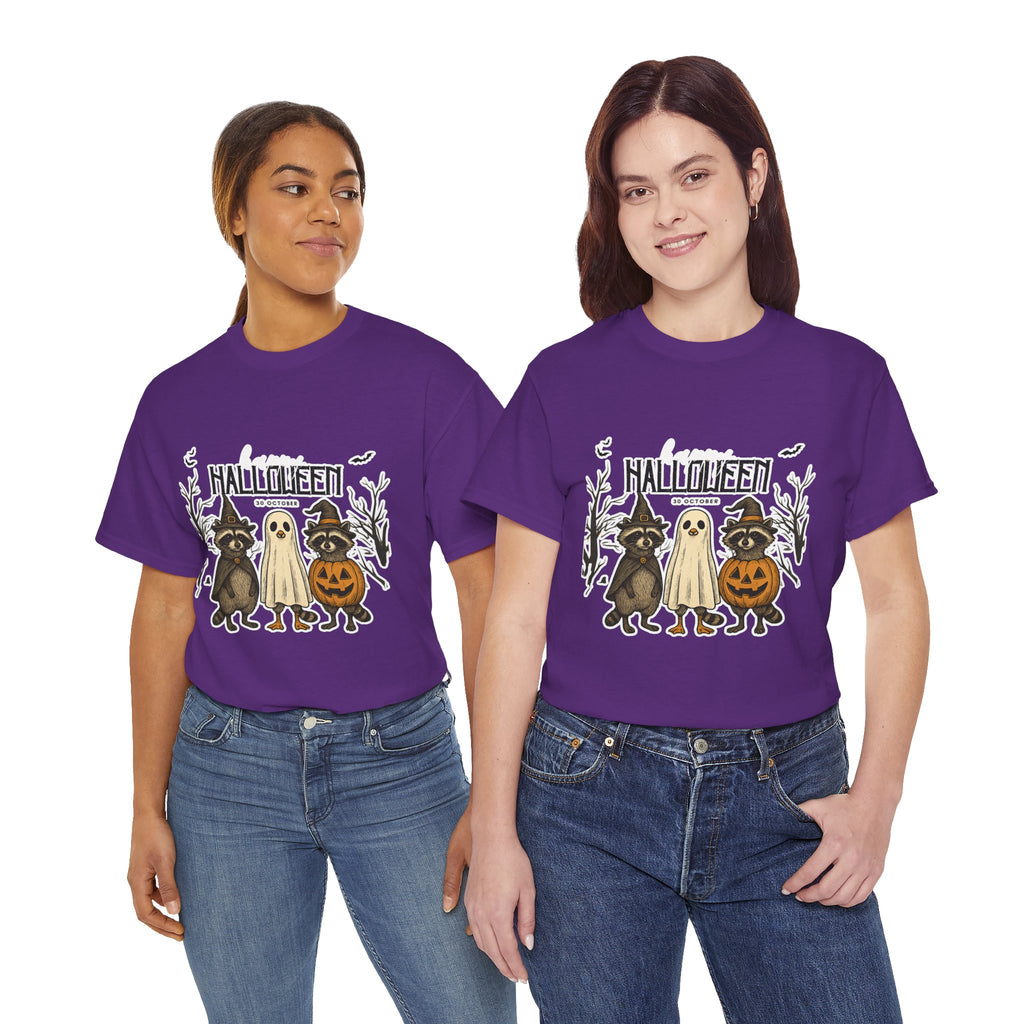 Halloween Raccoon Ghost Pumpkin T‑Shirt — Cute Spooky Costume Trio Tee