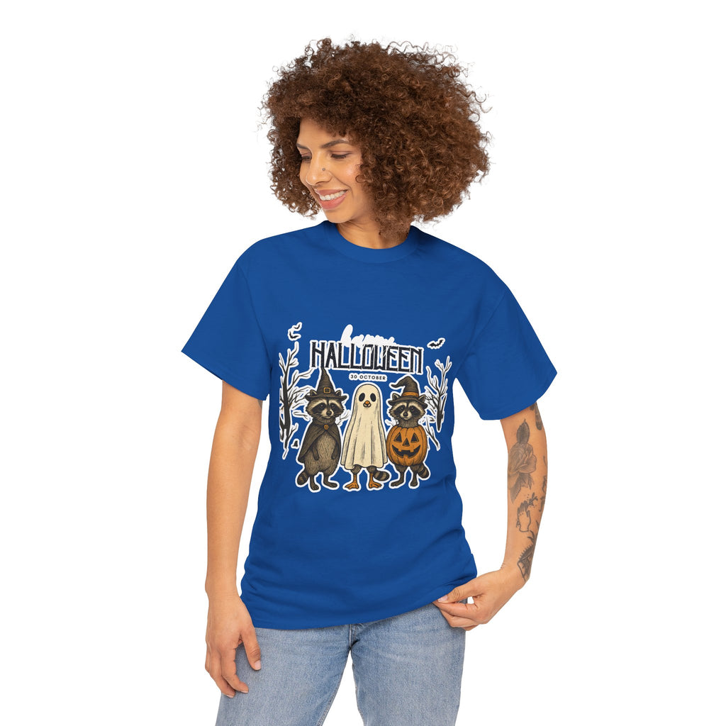 Halloween Raccoon Ghost Pumpkin T‑Shirt — Cute Spooky Costume Trio Tee