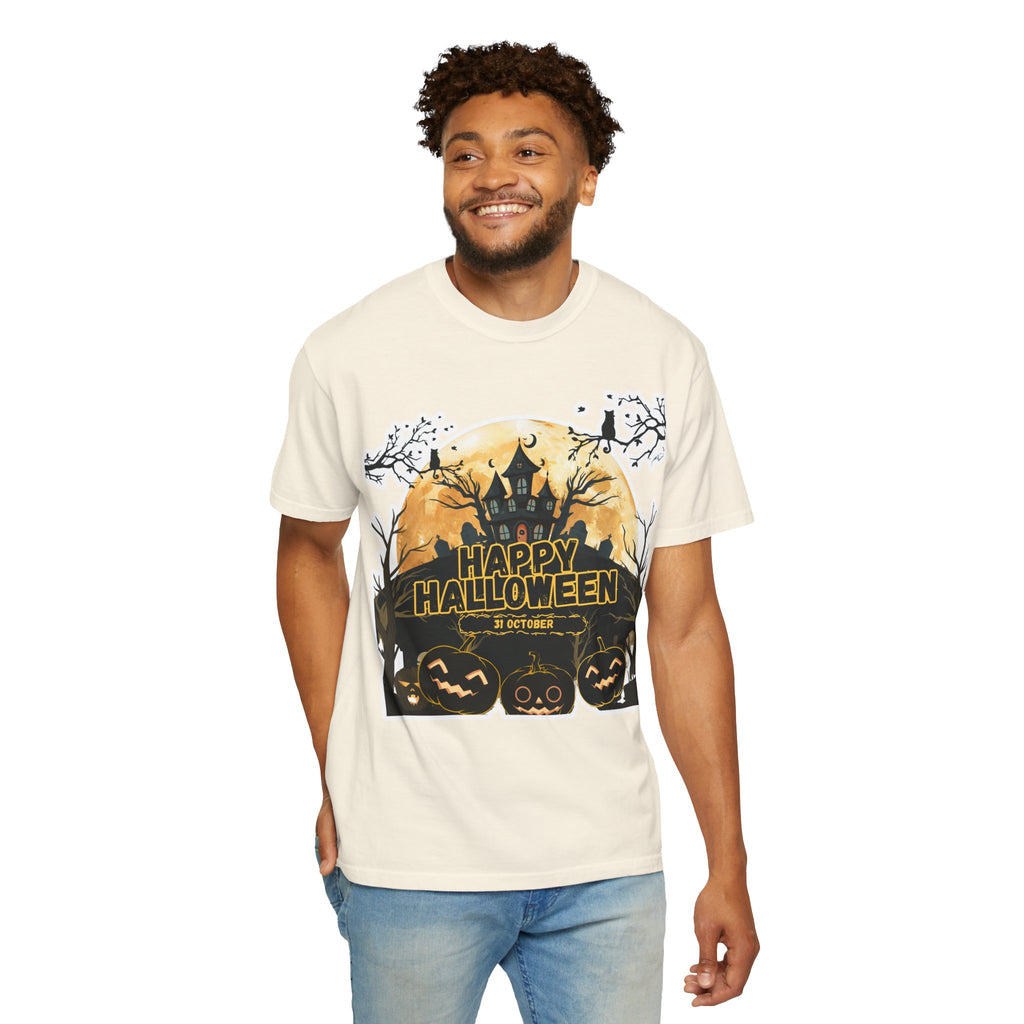 Halloween Haunted House T-Shirt — "Happy Halloween" Pumpkin Graphic Tee