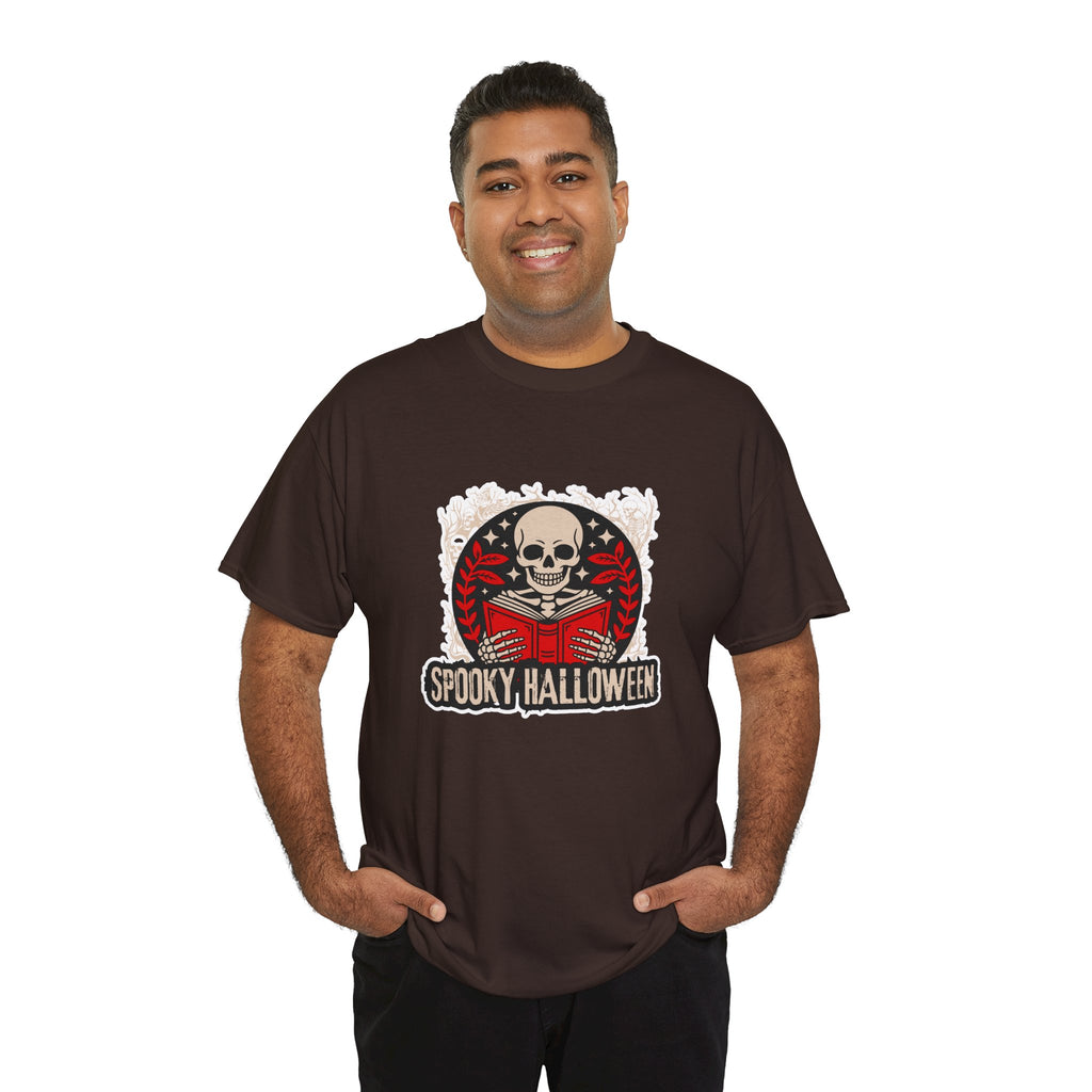 Spooky Halloween Skull Tee — Vintage Skeleton Reading Book Halloween T-Shirt