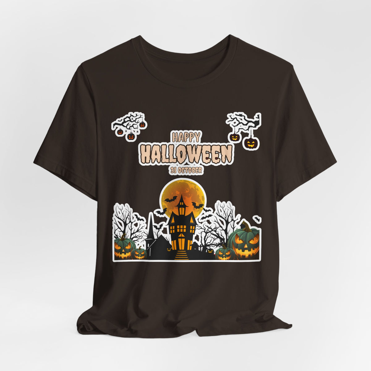 Halloween Haunted House T-Shirt — "Happy Halloween" Pumpkin Spooky Tee