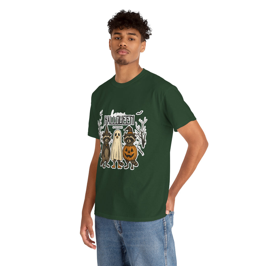 Halloween Raccoon Ghost Pumpkin T‑Shirt — Cute Spooky Costume Trio Tee