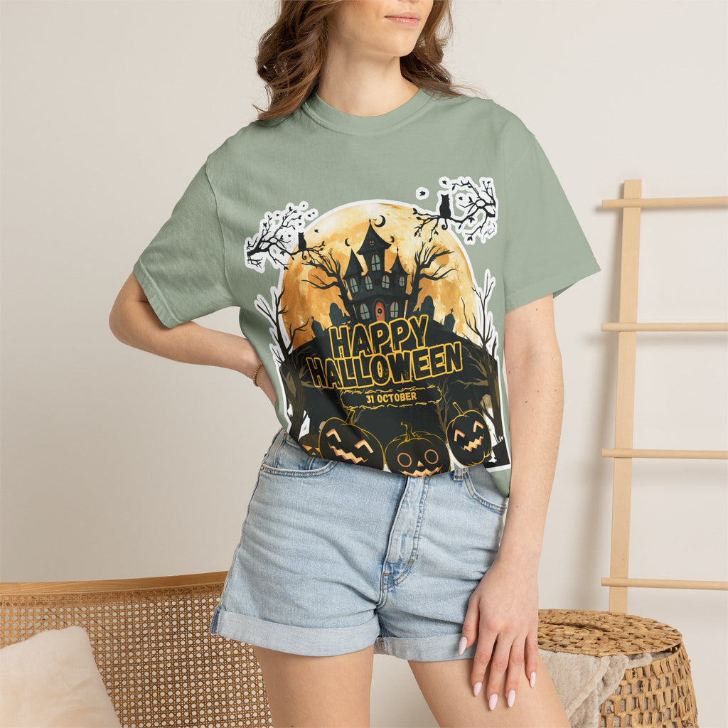 Halloween Haunted House T-Shirt — "Happy Halloween" Pumpkin Graphic Tee