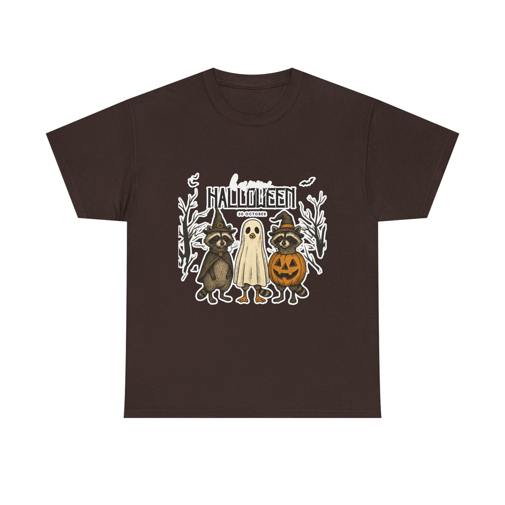 Halloween Raccoon Ghost Pumpkin T‑Shirt — Cute Spooky Costume Trio Tee