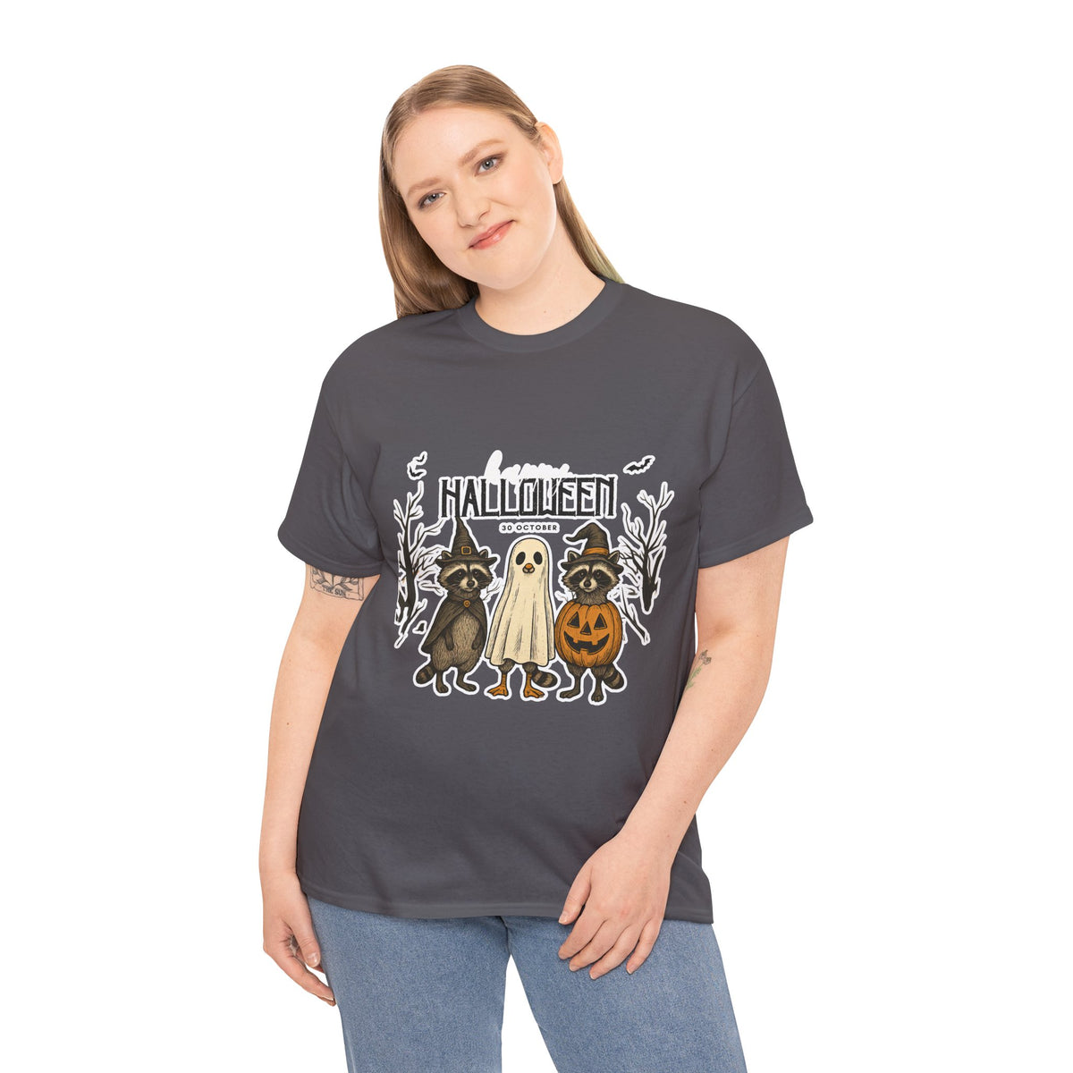 Halloween Raccoon Ghost Pumpkin T‑Shirt — Cute Spooky Costume Trio Tee