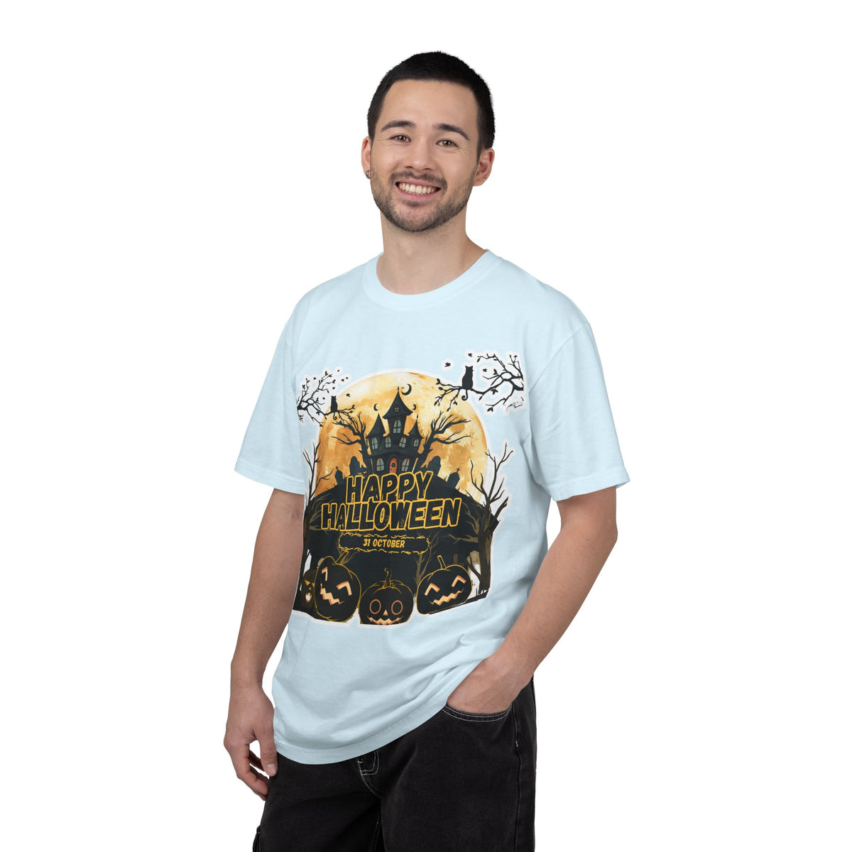 Halloween Haunted House T-Shirt — "Happy Halloween" Pumpkin Graphic Tee