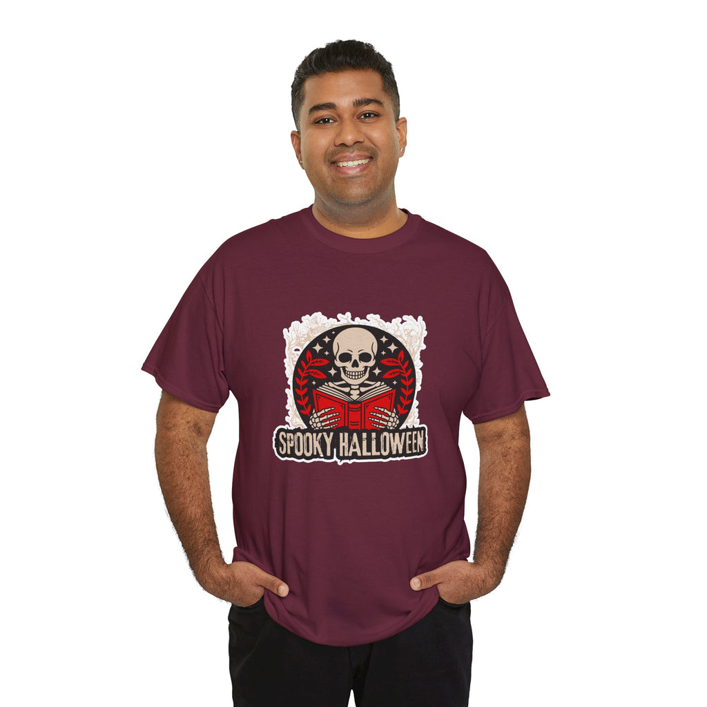 Spooky Halloween Skull Tee — Vintage Skeleton Reading Book Halloween T-Shirt