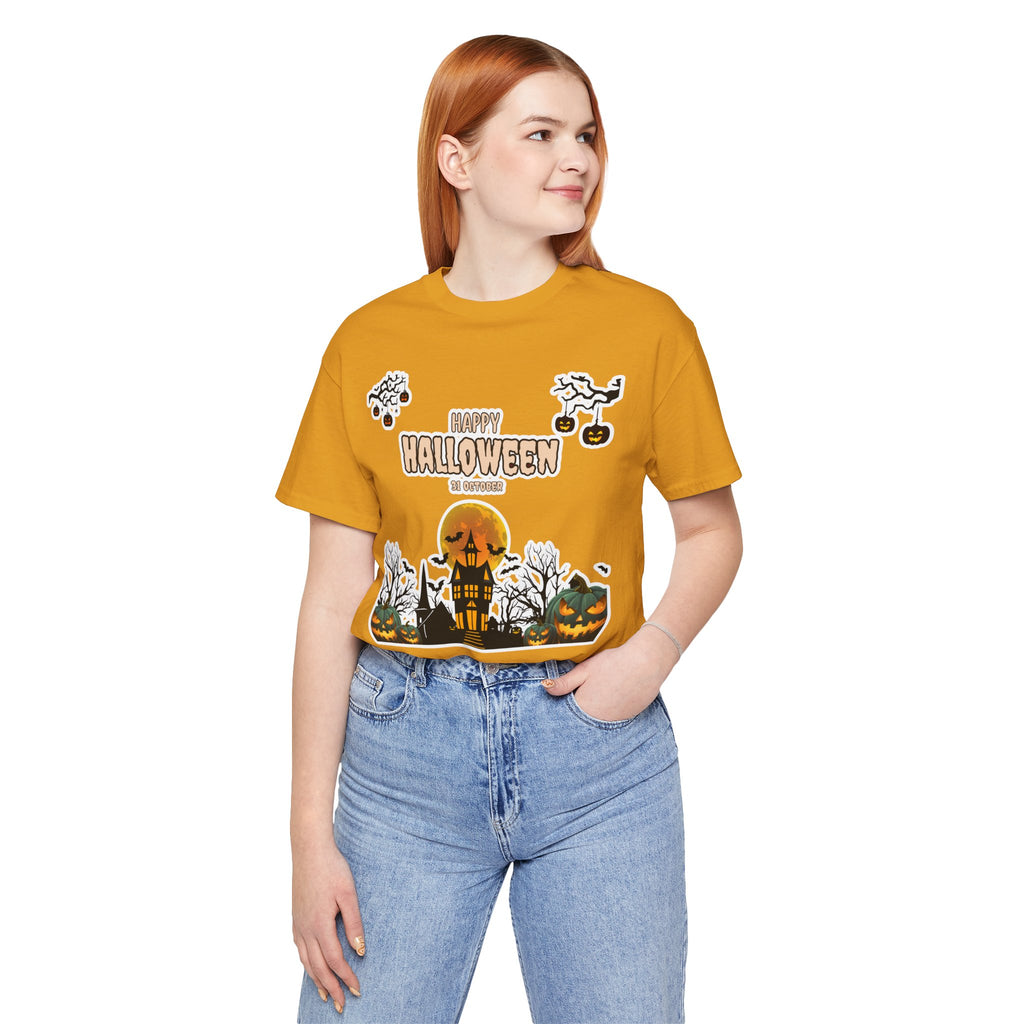 Halloween Haunted House T-Shirt — "Happy Halloween" Pumpkin Spooky Tee