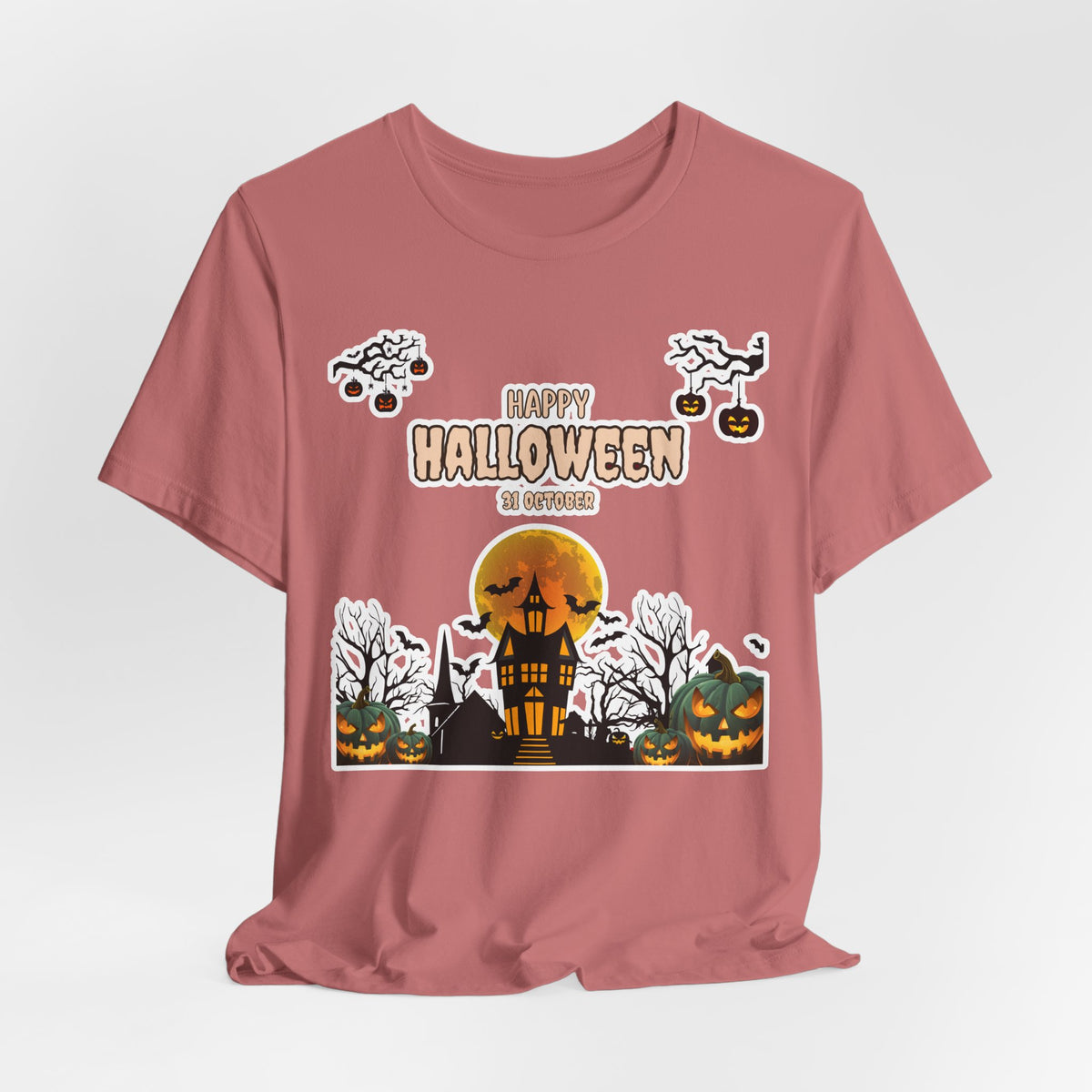 Halloween Haunted House T-Shirt — "Happy Halloween" Pumpkin Spooky Tee