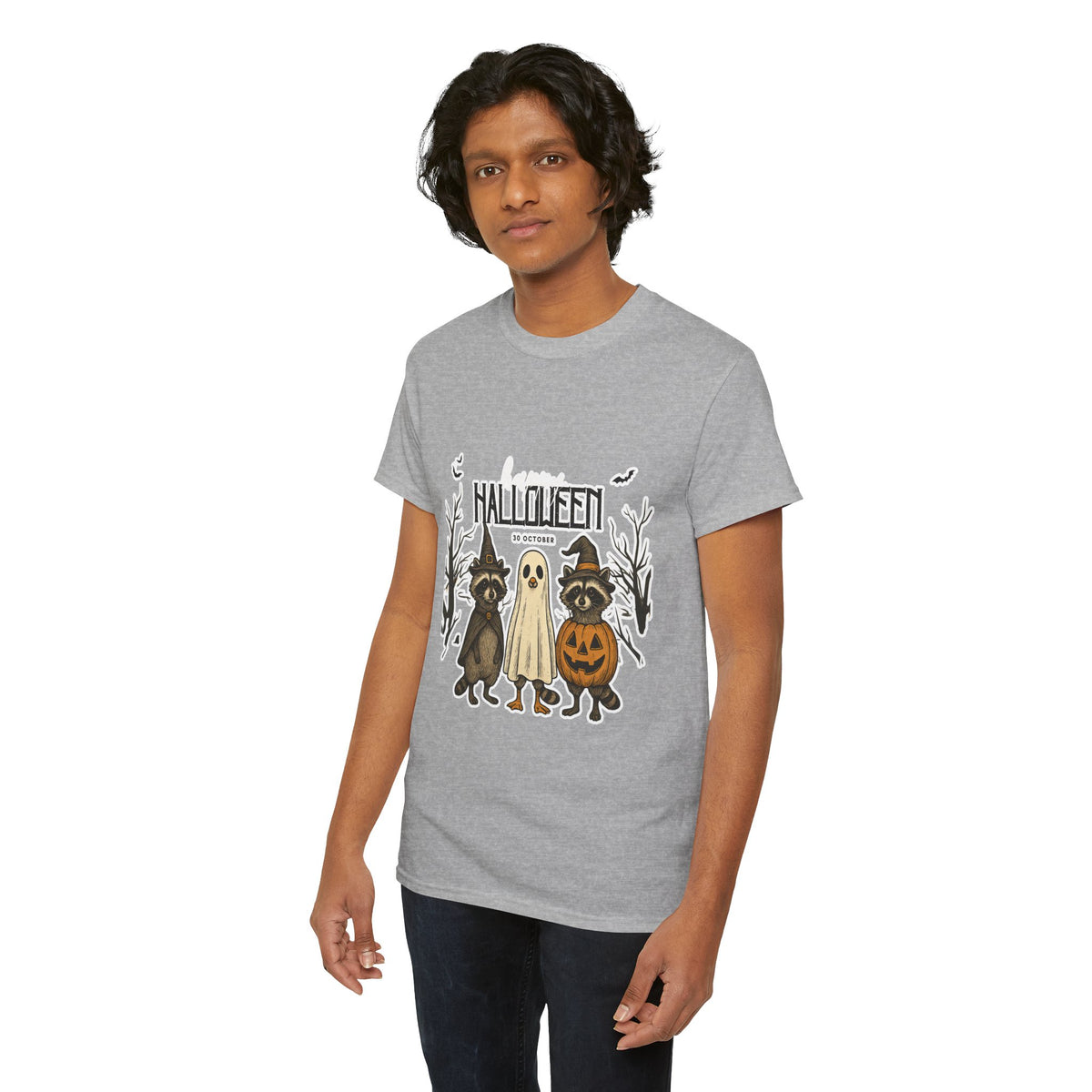 Halloween Raccoon Ghost Pumpkin T‑Shirt — Cute Spooky Costume Trio Tee