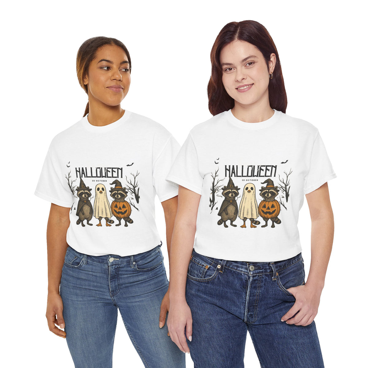 Halloween Raccoon Ghost Pumpkin T‑Shirt — Cute Spooky Costume Trio Tee