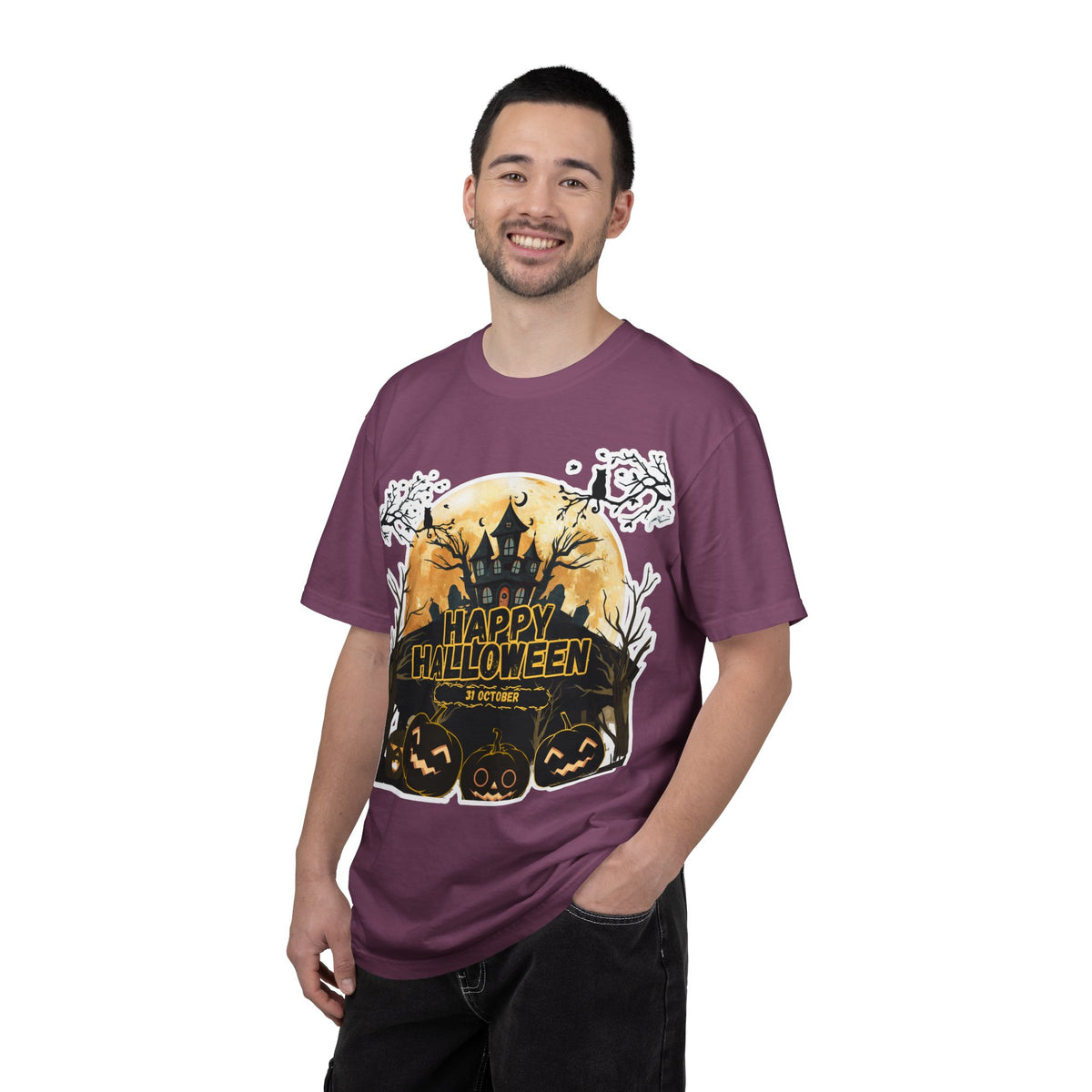 Halloween Haunted House T-Shirt — "Happy Halloween" Pumpkin Graphic Tee