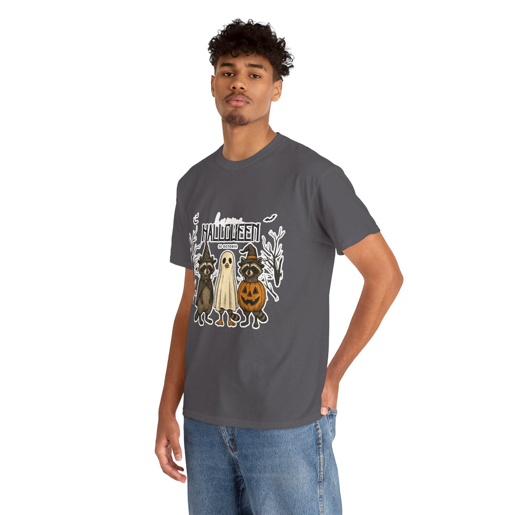 Halloween Raccoon Ghost Pumpkin T‑Shirt — Cute Spooky Costume Trio Tee