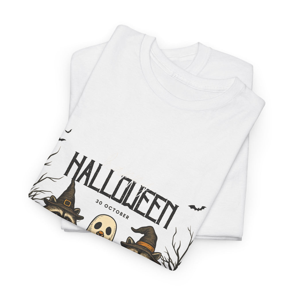 Halloween Raccoon Ghost Pumpkin T‑Shirt — Cute Spooky Costume Trio Tee