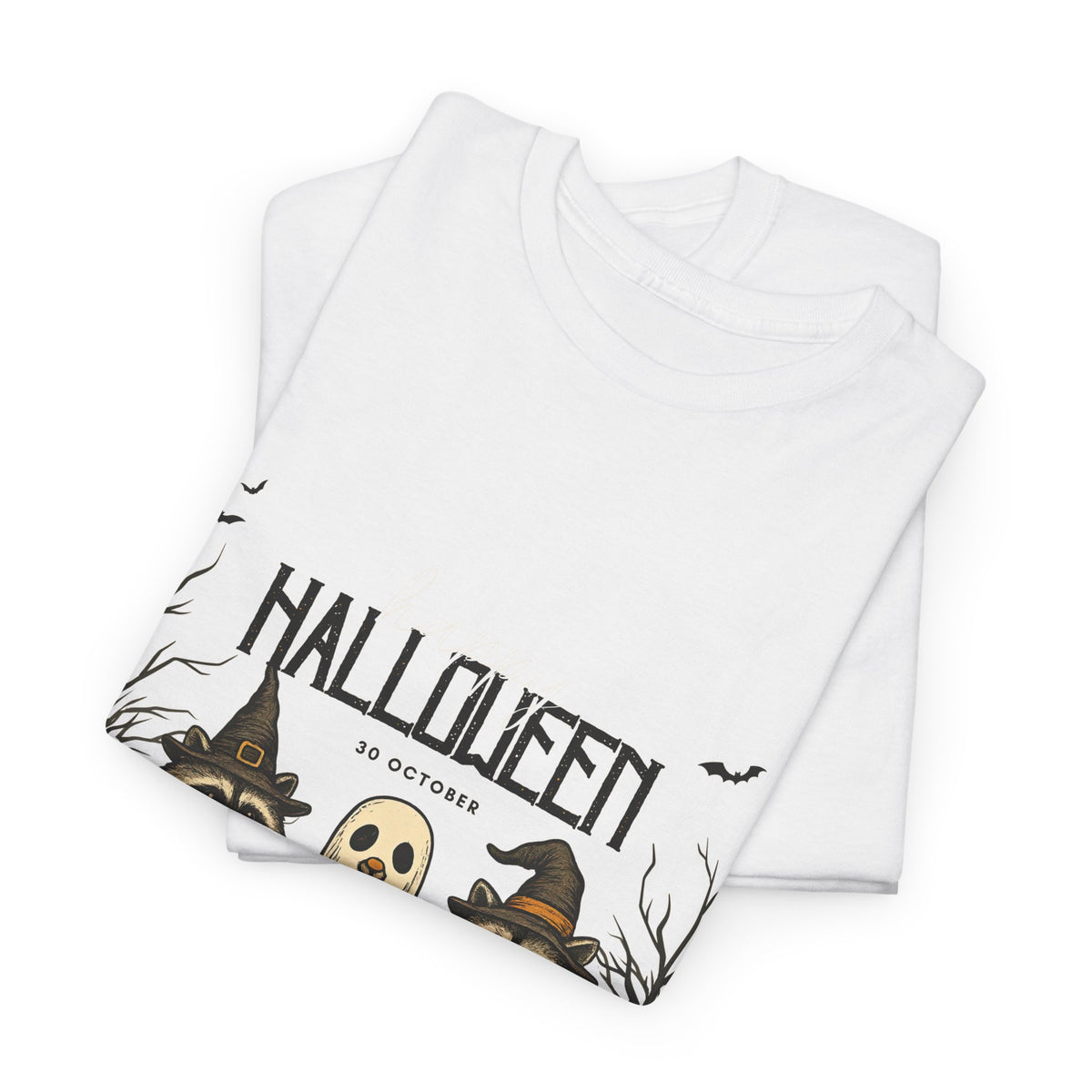Halloween Raccoon Ghost Pumpkin T‑Shirt — Cute Spooky Costume Trio Tee