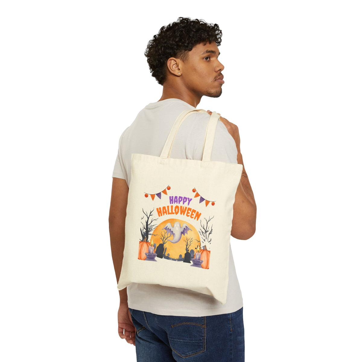 Halloween Tote Bag — "Happy Halloween" Ghost Pumpkin Canvas Tote
