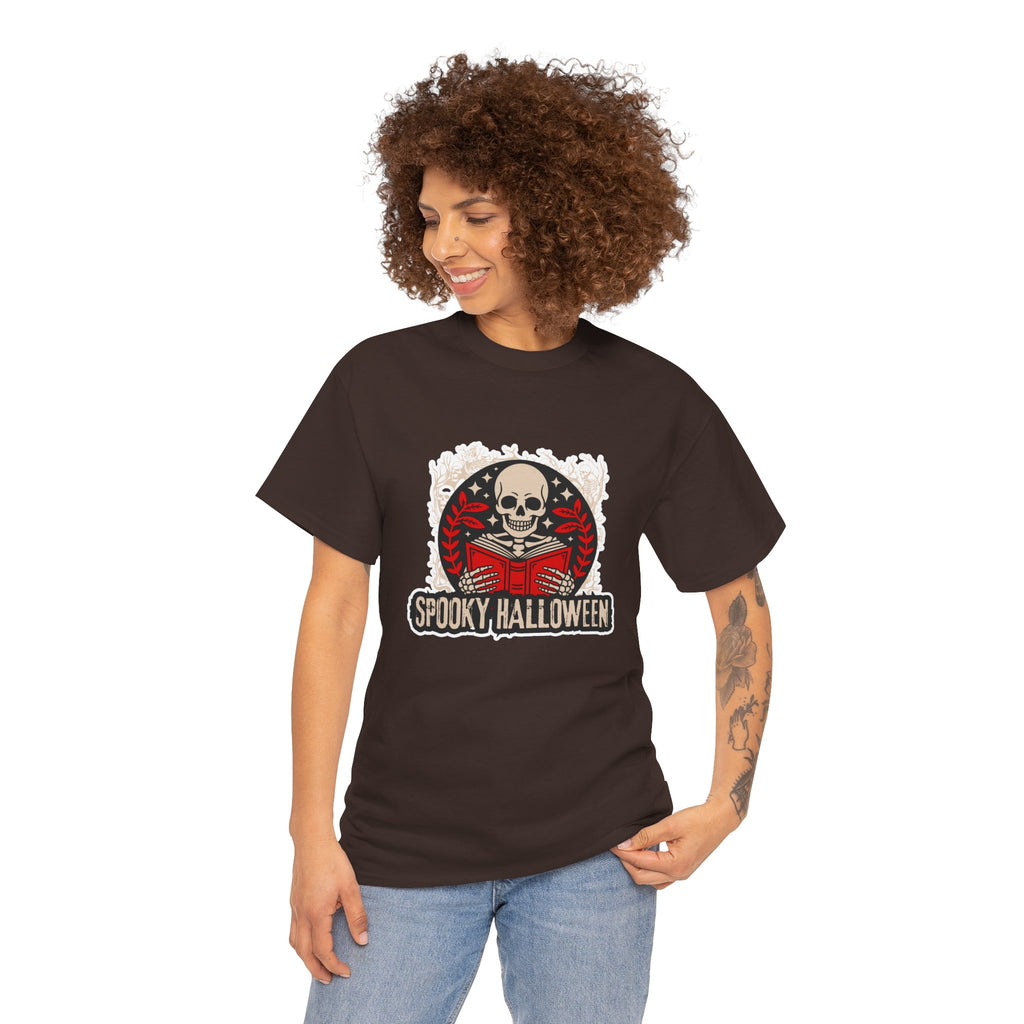 Spooky Halloween Skull Tee — Vintage Skeleton Reading Book Halloween T-Shirt