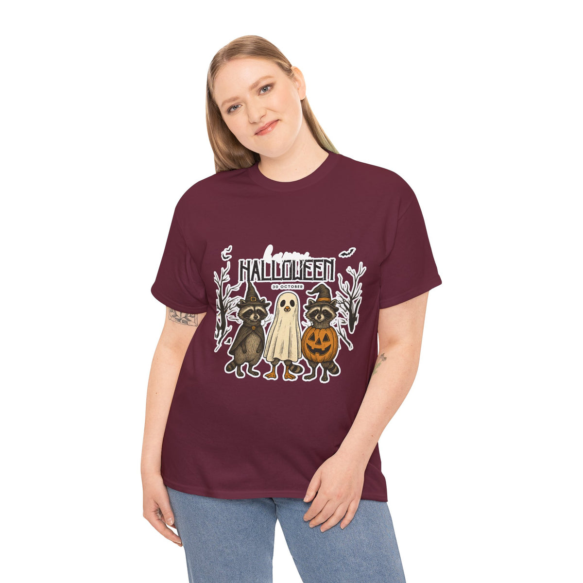 Halloween Raccoon Ghost Pumpkin T‑Shirt — Cute Spooky Costume Trio Tee